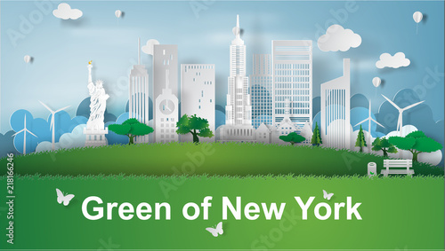 paper art of green landmarks of New York City, America,vector