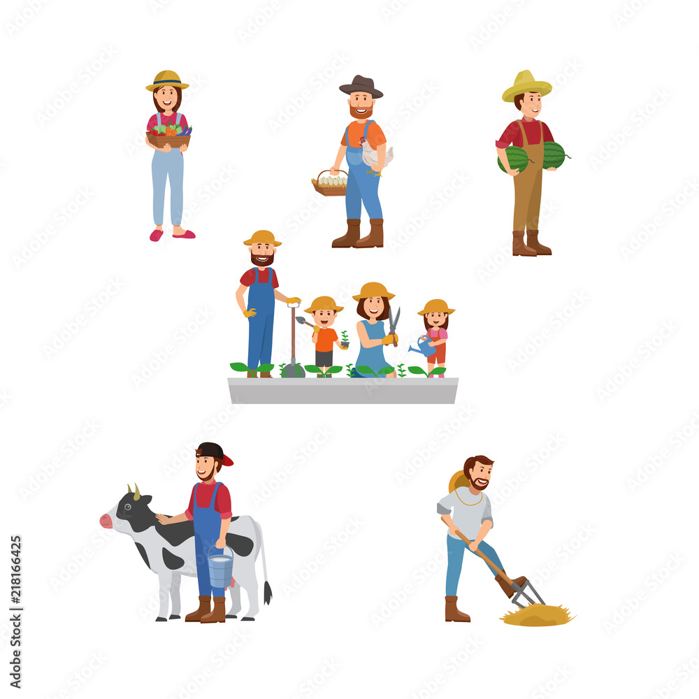 Set Illustration of Farmer. Egg Farm, Agricultural, And Gardeners. Flat Vector Cartoon Set Illustration of Farmer. Egg Farm, Agricultural, And Gardeners. Flat Vector Cartoon