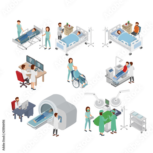 Isometric Illustration of Doctor and Patient on Hospital, Surgery, MRI Scan Diagnose, Medical Treatment. Vector Flat Illustration © Vectorism