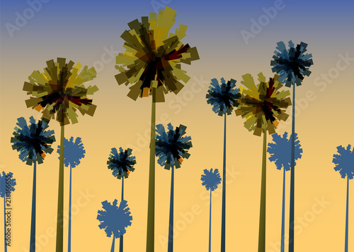 Tropical sunrise at seashore, sea landscape with palms, minimalistic illustration. Seascape sunrise or sunset. Ocean scene with rising sun, palms, mountains and sky. Rocky coast in blue color vector © hadeev