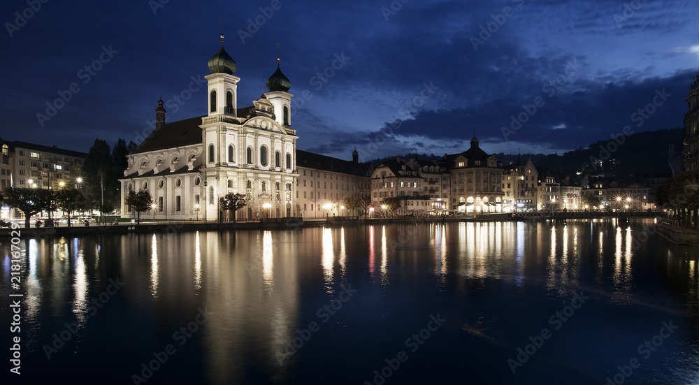 Night view of Jesuit Church in Lucerne, Switzerland