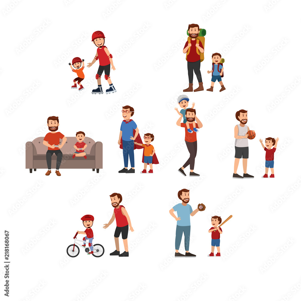 Happy Father And Son Playing Together, Having Fun, Father Day. Vector Cartoon Illustration