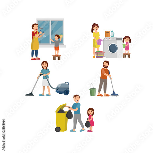 Happy Family Working Together Cleaning Home, Flat Vector Illustration Cartoon