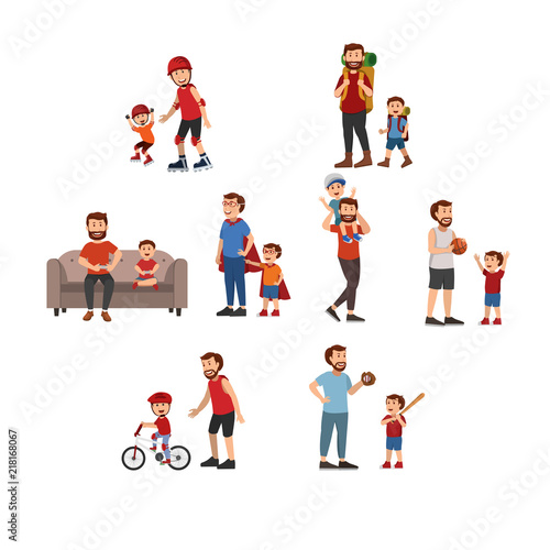 Happy Father And Son Playing Together  Having Fun  Father Day. Vector Cartoon Illustration
