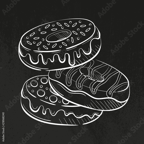 donuts with glaze and candies, cream and sweetmeats sprinkling. Sweet beautiful dessert. Clipart for a restaurant or cafe menu. Line art. Sketch style