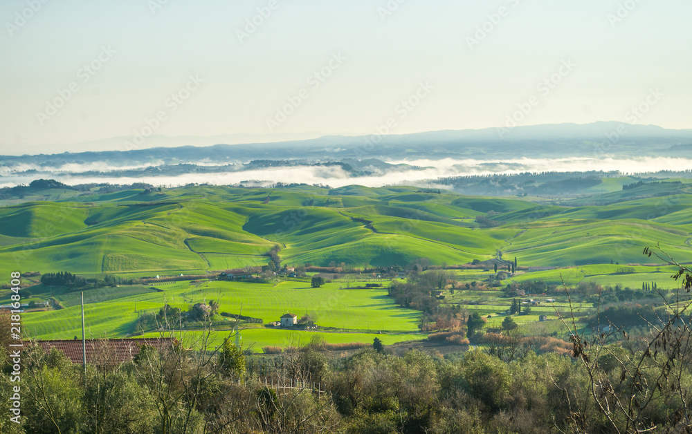 countryside cultivated with fog rising in the morning sunlight countryside cultivated with fog rising in the morning sunlight