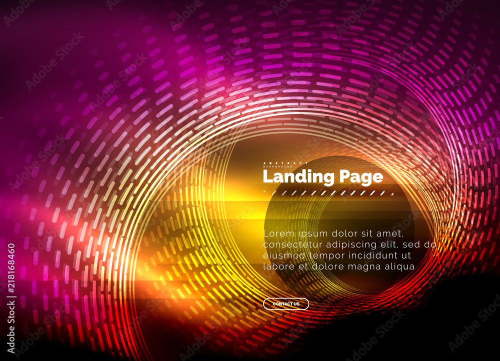 Neon glowing techno lines, hi-tech futuristic abstract background template with circles, landing page template Neon glowing techno lines, hi-tech futuristic abstract background template with circles, landing page template