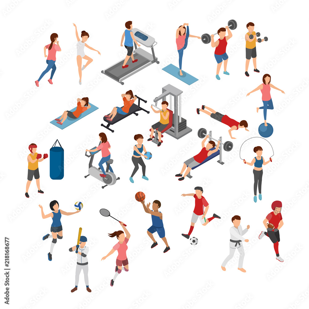 Set of Different Sports, Athelete, Fitness Training, Gym and Field Sports. Flat 3D Isometric Cartoon