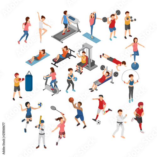 Set of Different Sports  Athelete  Fitness Training  Gym and Field Sports. Flat 3D Isometric Cartoon
