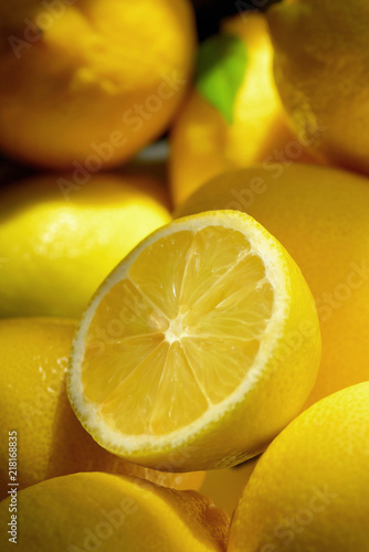 Still life with fresh yellow lemons