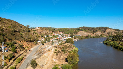 Aerial view from the Pomarão village with the Guadiana river. Alentejo Portugal