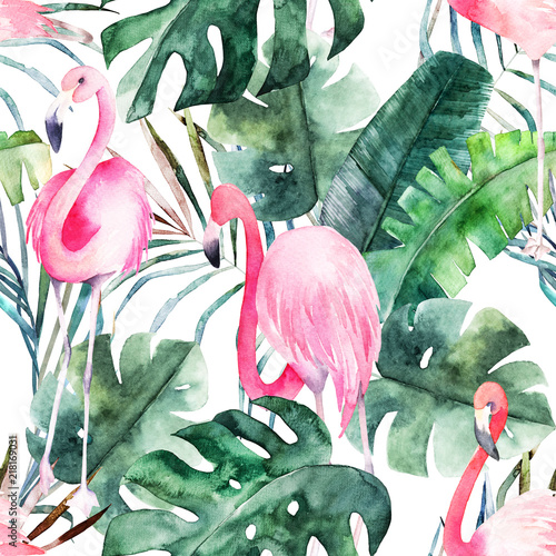 Tropical seamless pattern with flamingo and leaves. Watercolor summer print. ...