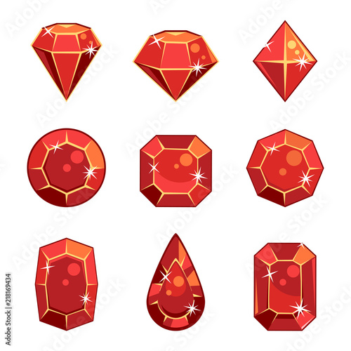 Cartoon vector red gem stones in different shapes
