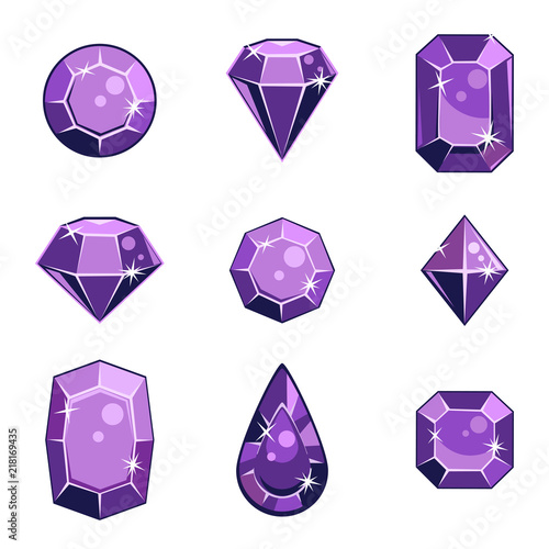 Cartoon vector purple gem stones in different shapes