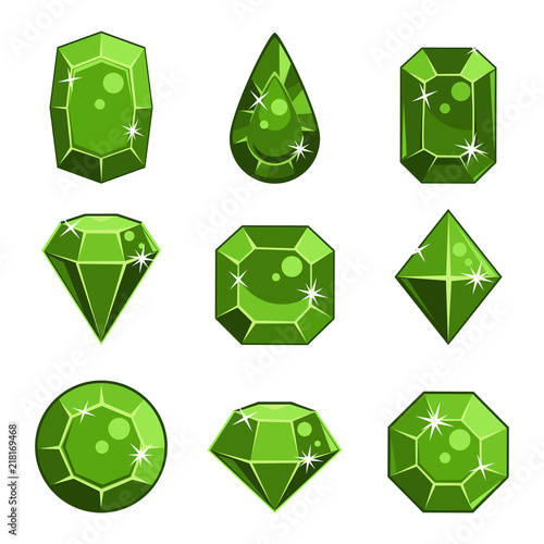 Cartoon vector green gem stones in different shapes