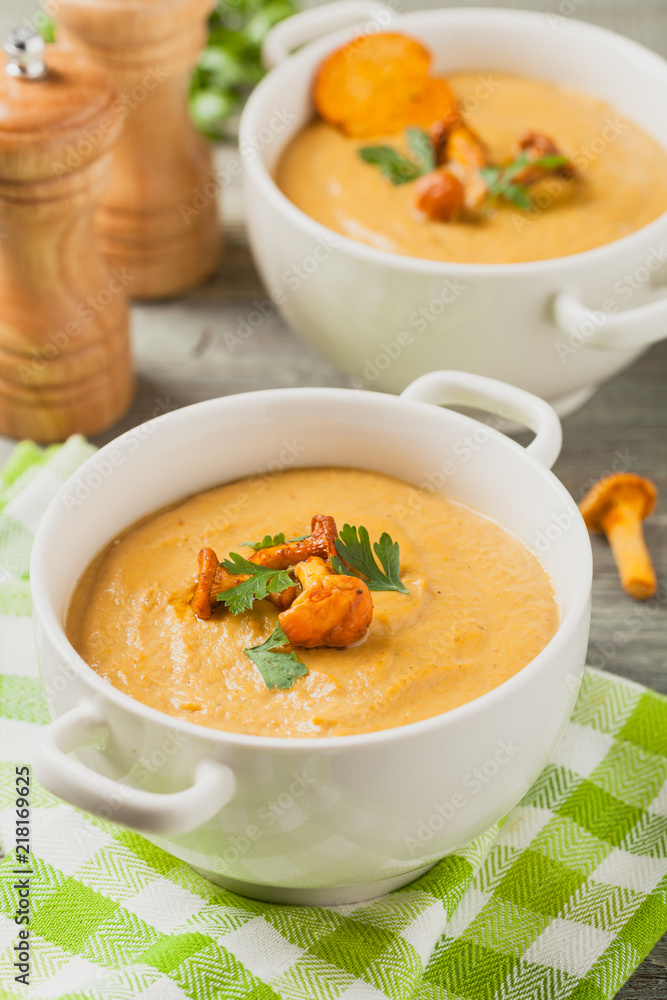 Delicious soup, cream with mushroom chanterelles. Delicious soup, cream with mushroom chanterelles.