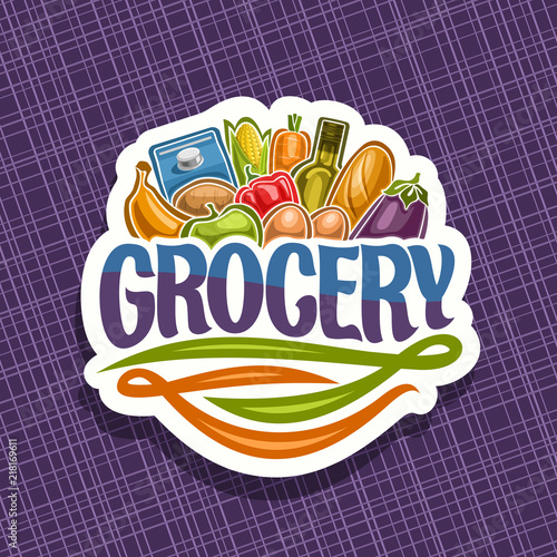 Vector logo for Grocery Store, cut paper sign with heap of fresh fruits & vegetables, pack of milk, cooking oil and baguette, original typeface for word grocery, signage for farmer department in shop.