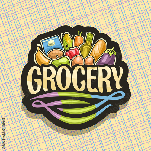 Vector logo for Grocery Store, dark sign with heap of fresh fruits & vegetables, pack of milk, cooking oil and baguette, original typeface for word grocery, signboard for farmer department in market.
