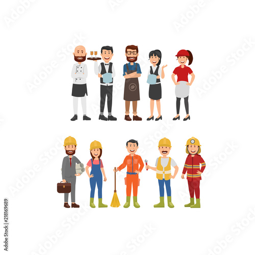 Set Character Professionals Waiters Job Chef, Barista, Cashier and Fields Worker. Flat Vector Illustration