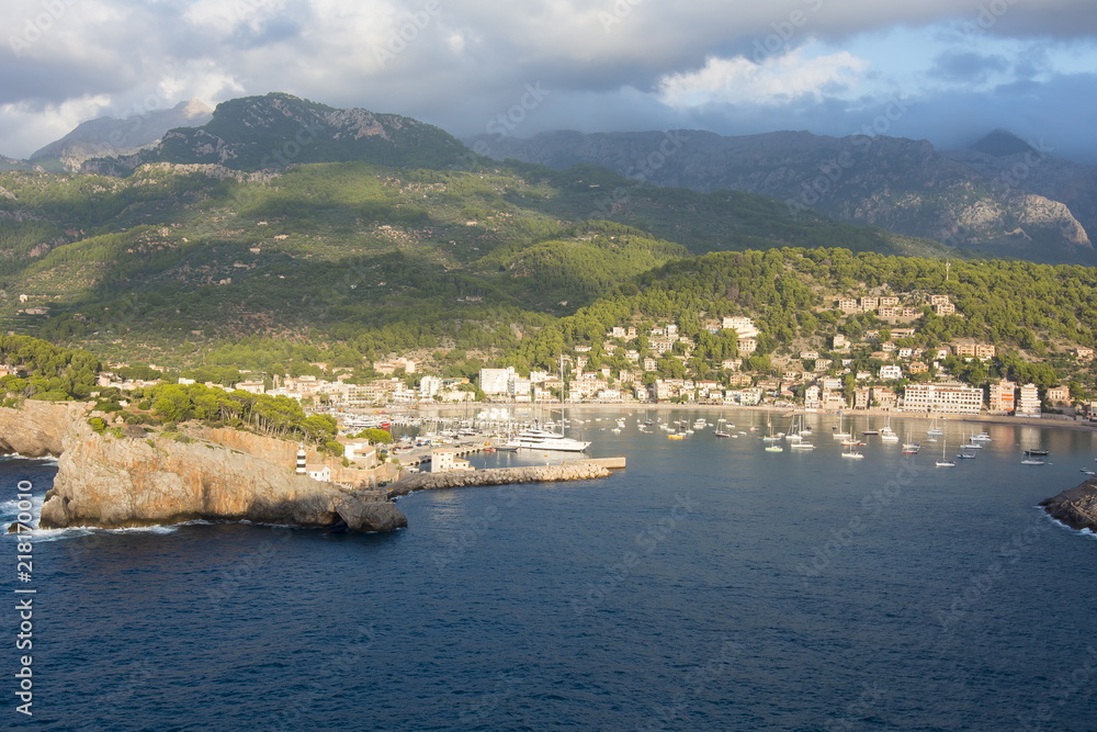 Aerial view of Port Soller, Mallorca, Balearic islands, Spain