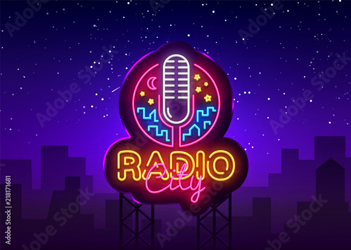 Radio Neon Logo Vector. Radio City neon sign, design template, modern trend design, night neon signboard, night bright advertising, light banner, light art. Vector illustration. Billboard
