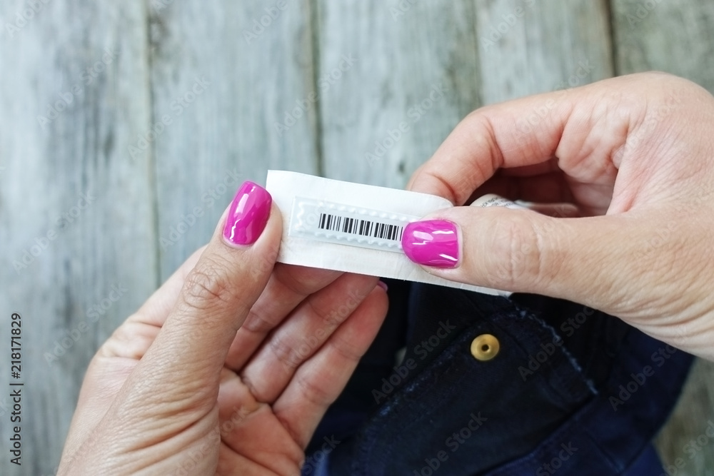Antitheft barcode sticker for clothes on blue jeans
Antitheft barcode sticker for clothes on blue jeans