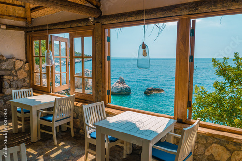 Fototapeta Naklejka Na Ścianę i Meble -  room looking out over ocean of Turkey , luxury view table and chair restaurant