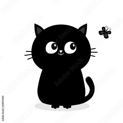Black cat sitting silhouette looking at butterfly insect. Cute cartoon character. Pet collection Greeting baby card. Flat design. White background. Isolated.