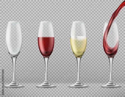 Vector realistic set of tall glasses empty, with pouring red wine, white merlot or champagne isolated on transparent background. Clipart of wineglasses, glassware for alcoholic drinks or cocktails