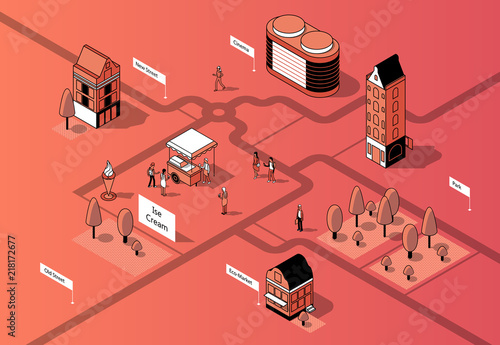 Vector isometric city center. Square with eco market, cinema, houses, park with ice cream cart. District with sidewalk and people between buildings in orange colors. Urban concept, scheme of town.