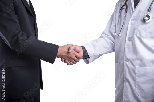 Handshake of doctor and businessman on white background © totojang1977