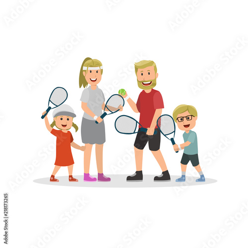 Set of Character Family Playing Tennis Cartoon