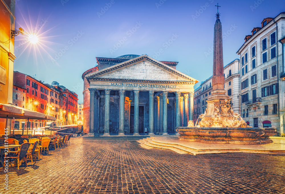 Pantheon in Rome, Italy at sunrise. Scenic travel background. Popular travel destination.
