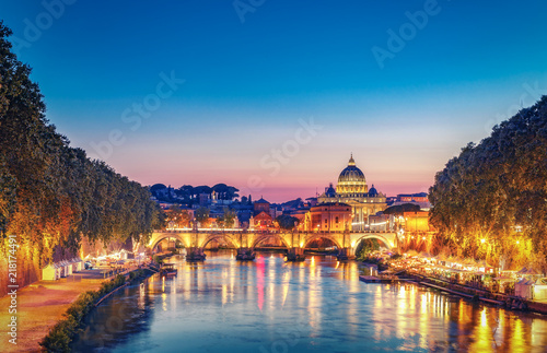 St. Peter's Basilica in Rome, Italy at sunset. Scenic travel background. Popular travel destination.