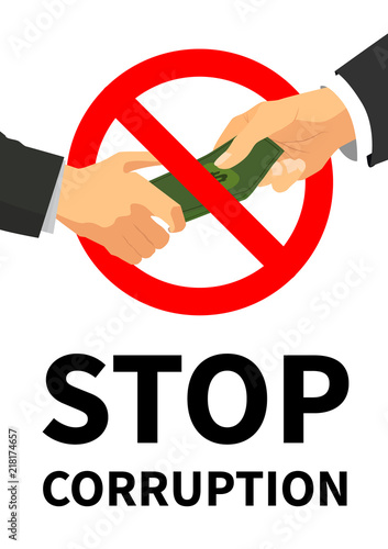 Bright flat businessman hand taking the bunch on banknotes with forbidden sign, stop corruption concept poster illustration