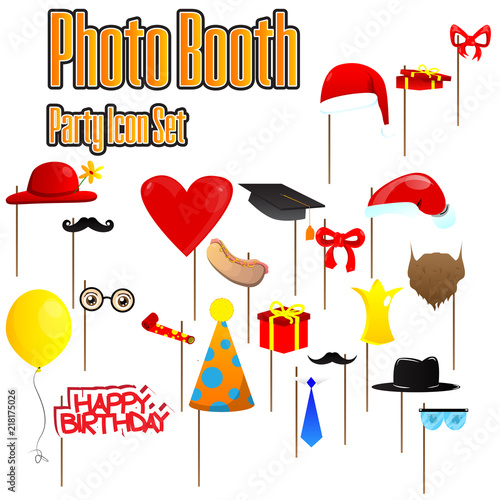 Set of party photobooth props. Vector illustrated elements on sticks for birthdays, Christmas, Graduation and other parties.