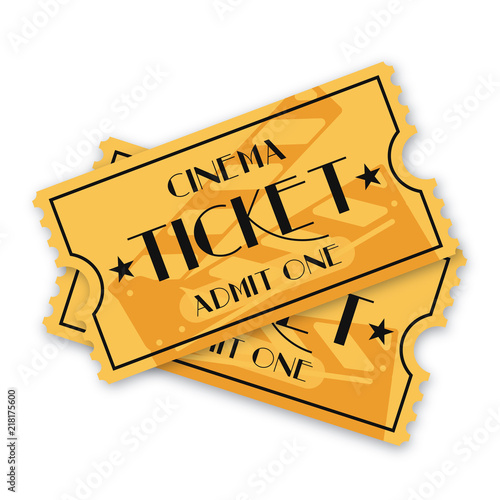 Two cinema ticket isolated on background. Vintage admission movie tickets template