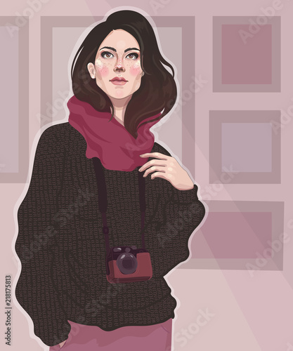 
vector brunette girl photographer, in volumetric sweater and stylish scarf, with a camera, on the background of photos and pictures exhibition