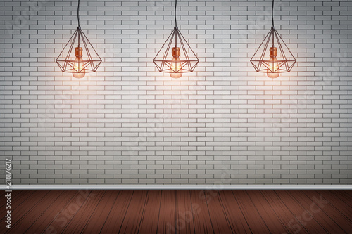 Interior of red brick wall with vintage pendant wire lamps and wooden floor. Fashion interior. Grunge Industrial Texture. Background of loft and trendy showroom or cafe. Vector Illustration