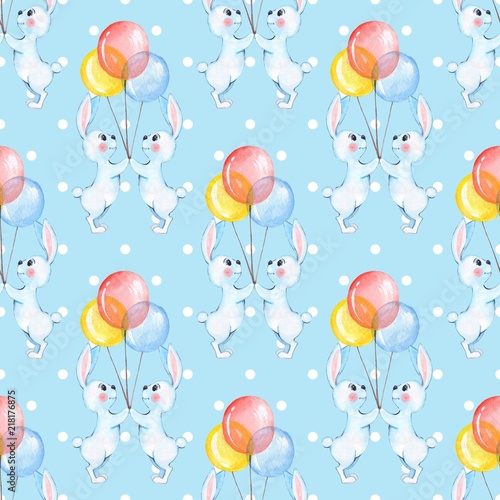 Seamless pattern with cartoon white rabbits and balloons. Watercolor background 7
