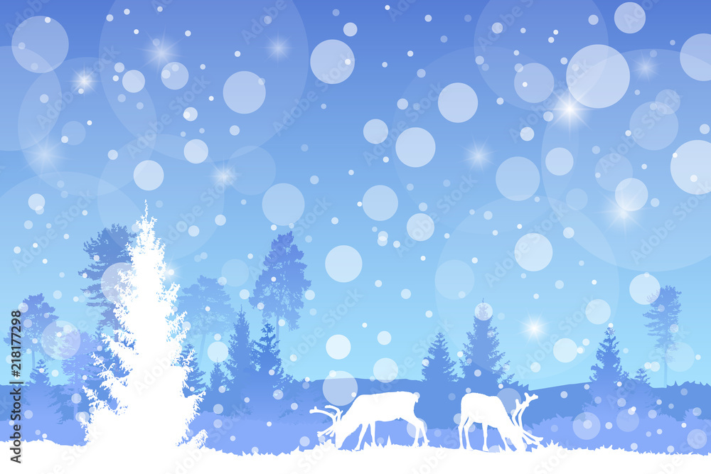 Vector winter Christmas forested landscape in blue color with snowfall effect.