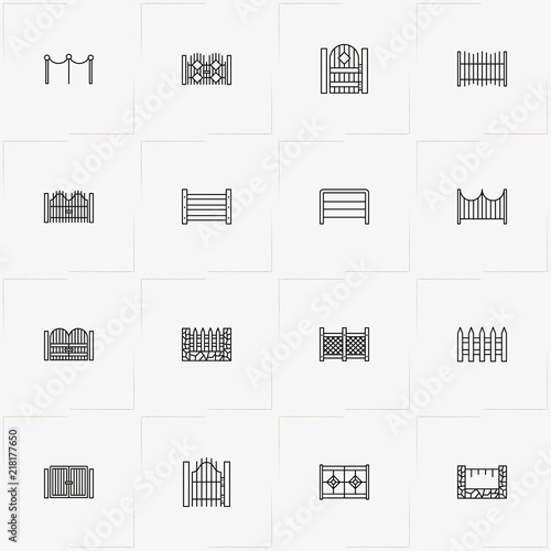 Fences And Wickets line icon set with gate, wicket and fence