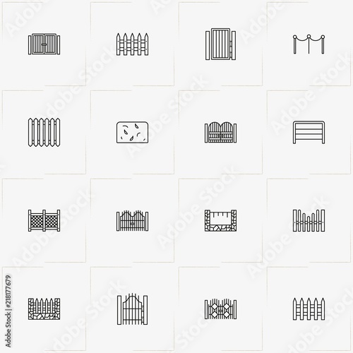 Fences And Wickets line icon set with gate, fence and wicket