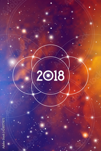 Astrological New Year 2019 Greeting Card or Calendar Cover on Cosmic Background.