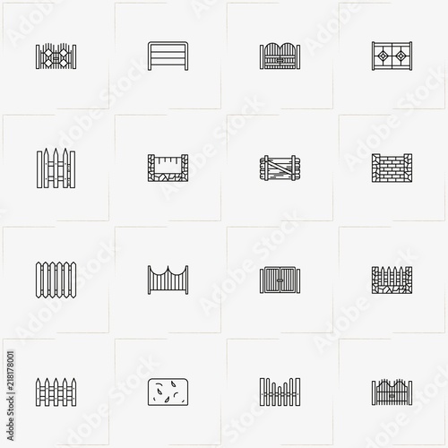 Fences And Wickets line icon set with gate, fence and wicket