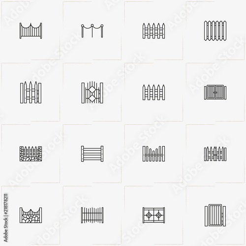 Fences And Wickets line icon set with fence, gate and wicket