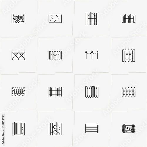 Fences And Wickets line icon set with fence, gate and wicket