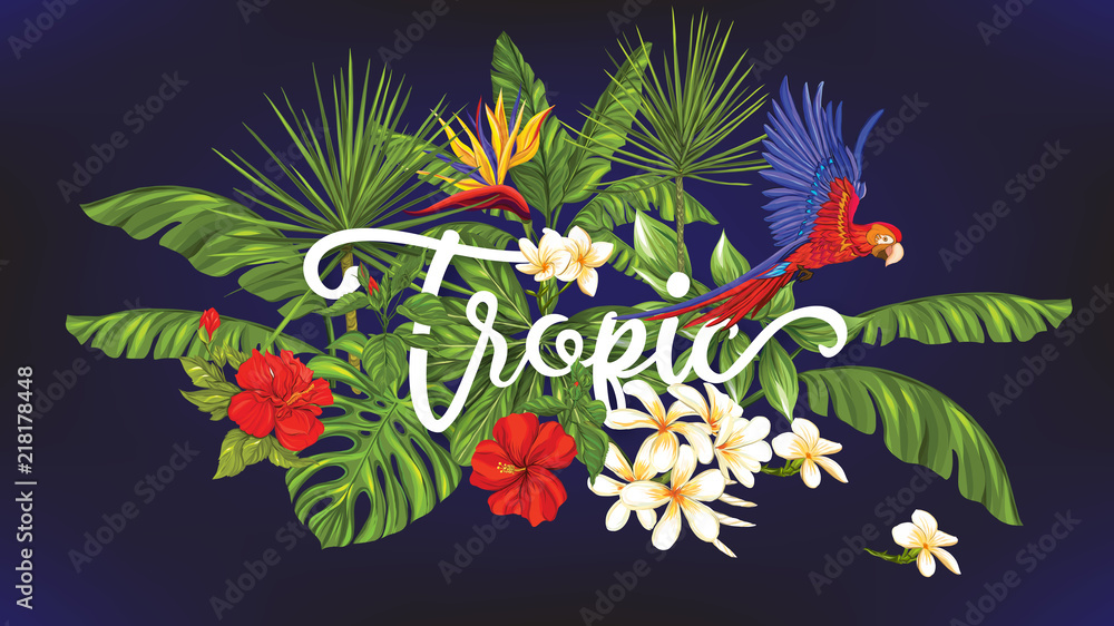 Template of poster, banner, postcard with tropical flowers and plants and parrot bird on black background. Stock vector illustration.