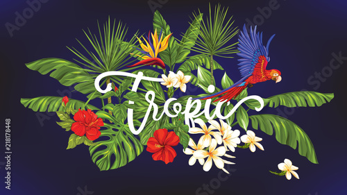 Template of poster, banner, postcard with tropical flowers and plants and parrot bird on black background. Stock vector illustration.