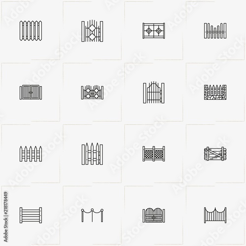 Fences And Wickets line icon set with fence, gate and wicket